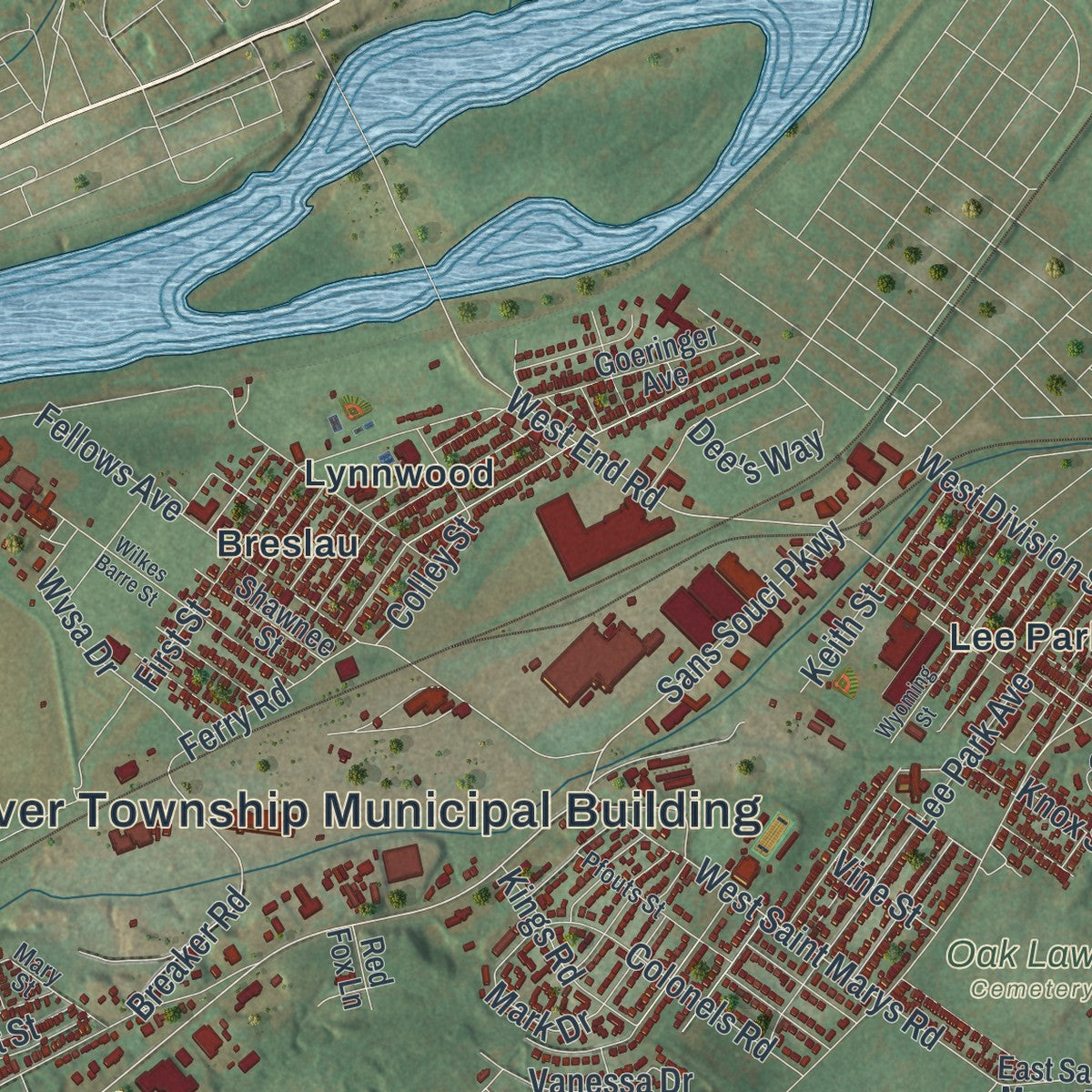 Close-up of the map of Hanover, Luzerne County, Pennsylvania print showing street and building detail