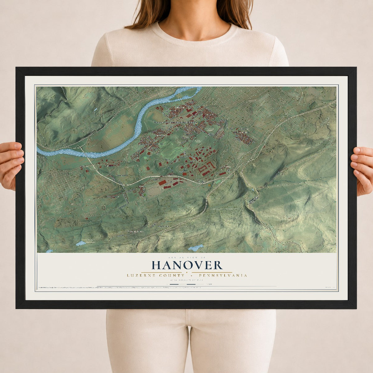 Map of Hanover, Luzerne County, Pennsylvania, 18 x 24 inch print in a black wood frame