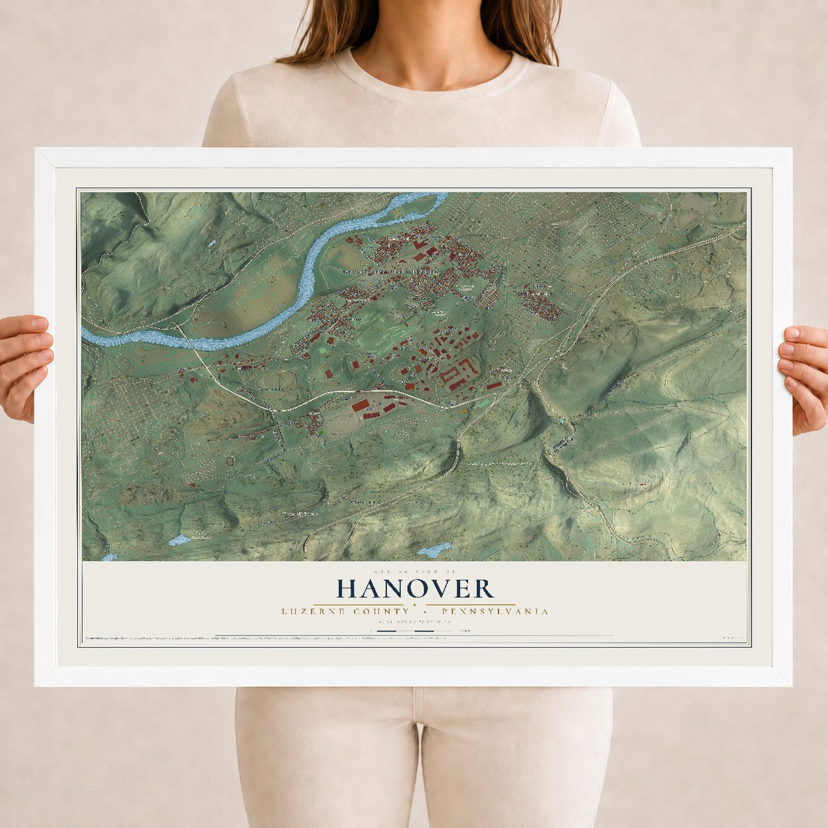 Map of Hanover, Luzerne County, Pennsylvania, 18 x 24 inch print in a white wood frame