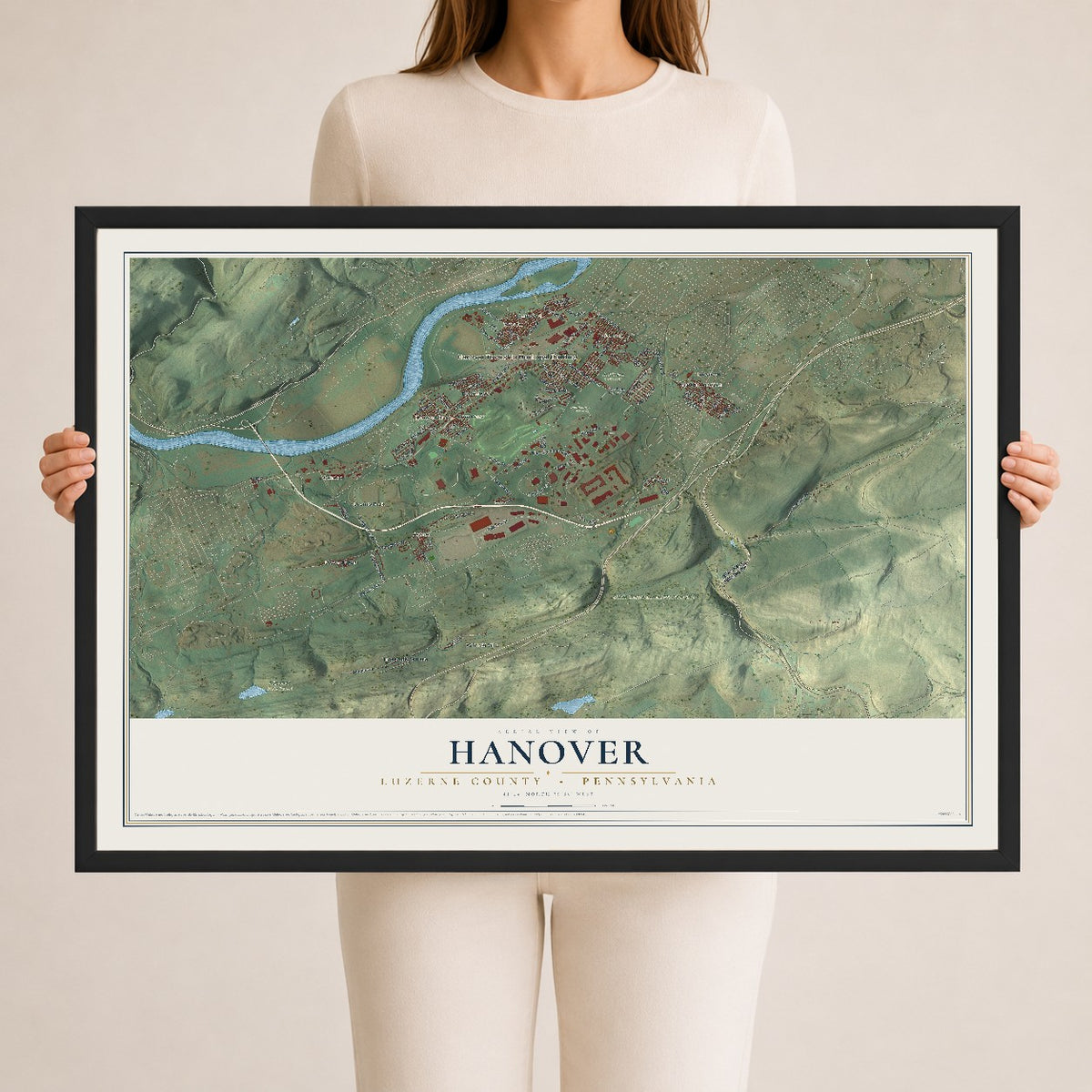 Map of Hanover, Luzerne County, Pennsylvania, 24 x 36 inch print in a black wood frame