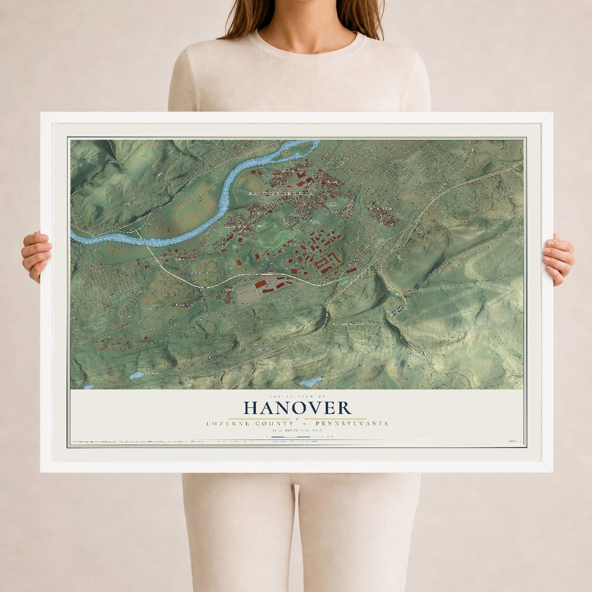 Map of Hanover, Luzerne County, Pennsylvania, 24 x 36 inch print in a white wood frame