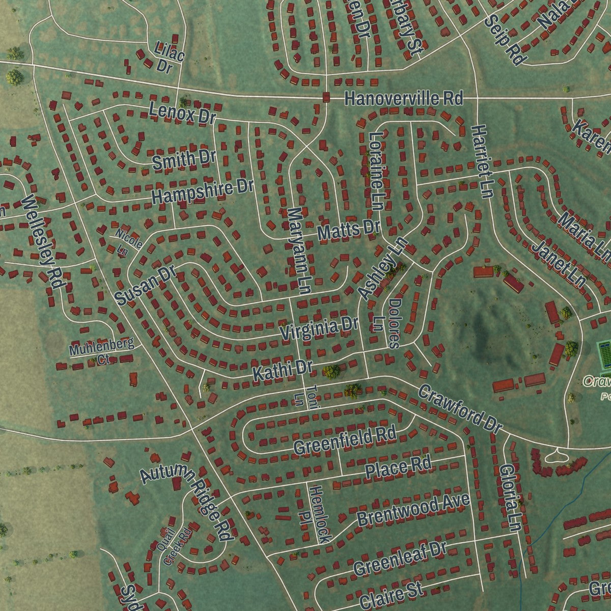 Close-up of the map of Hanover, Northampton County, Pennsylvania print showing street and building detail