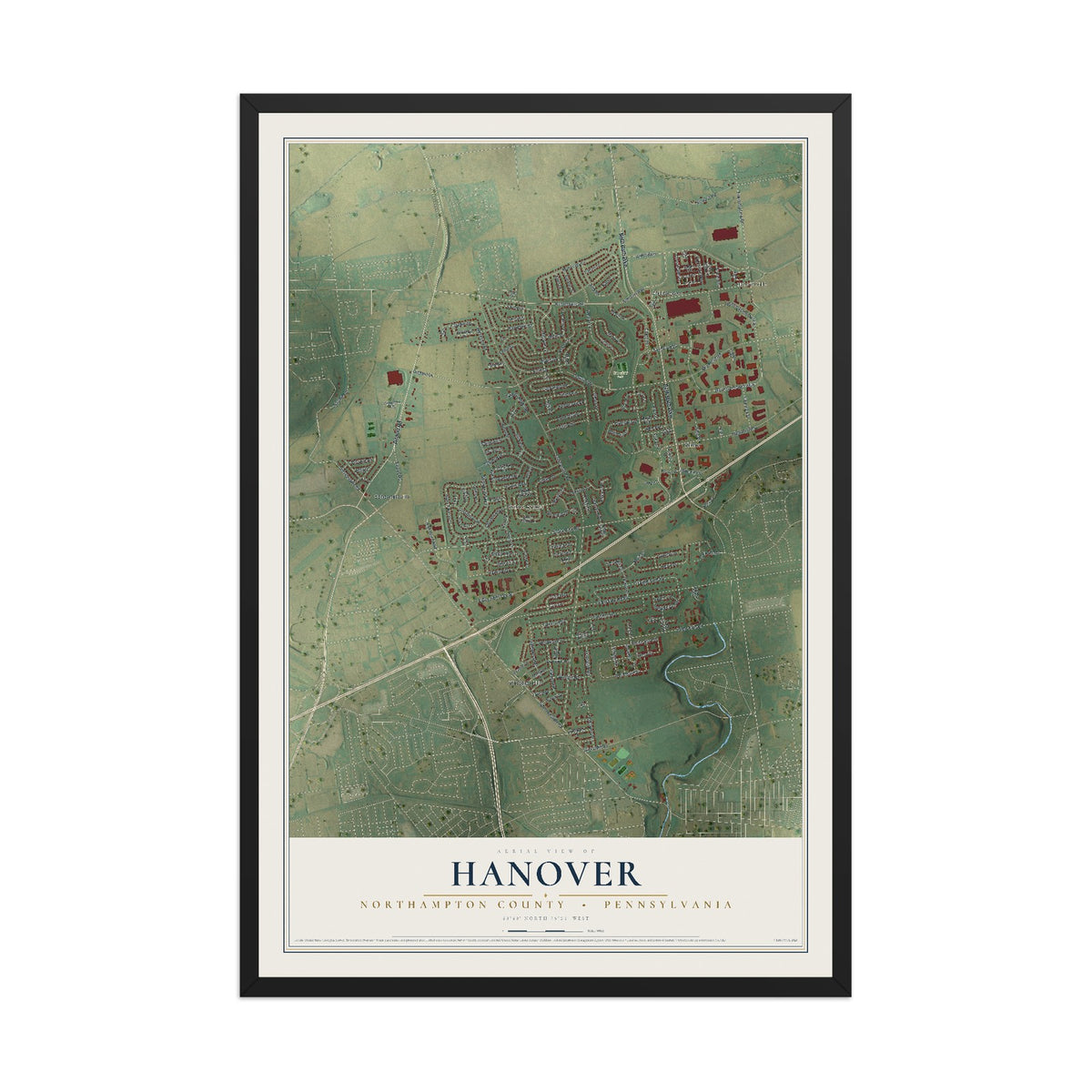 Map of Hanover, Northampton County, Pennsylvania, 12 x 18 inch print in a black wood frame