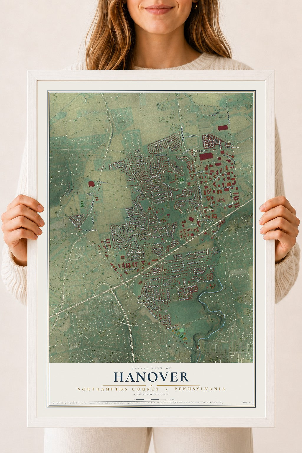 Map of Hanover, Northampton County, Pennsylvania, 18 x 24 inch print in a white wood frame