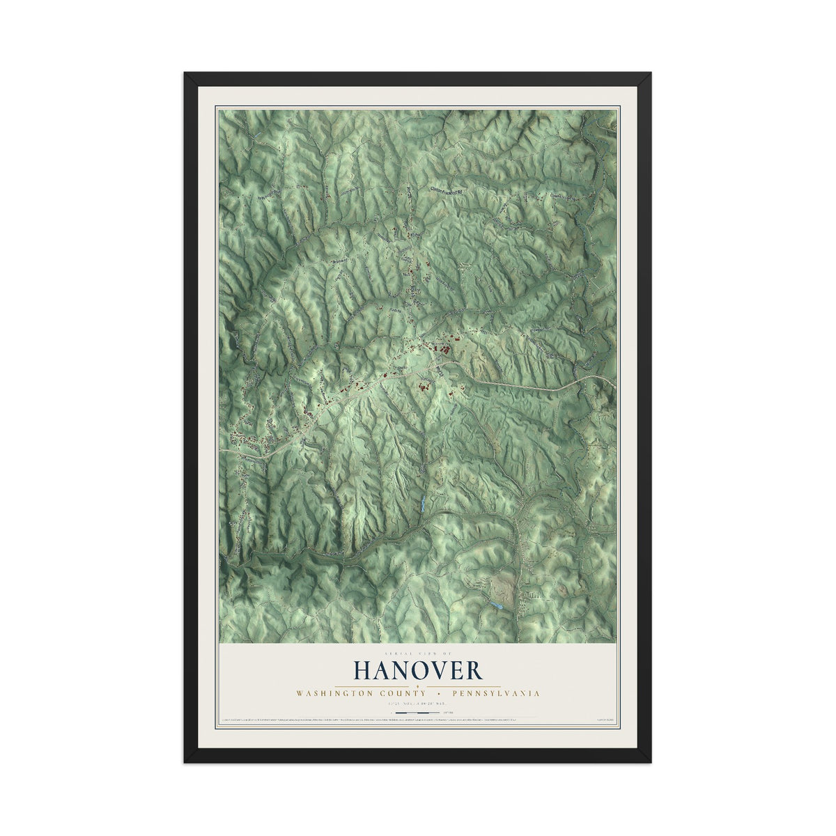 Map of Hanover, Washington County, Pennsylvania, 12 x 18 inch print in a black wood frame