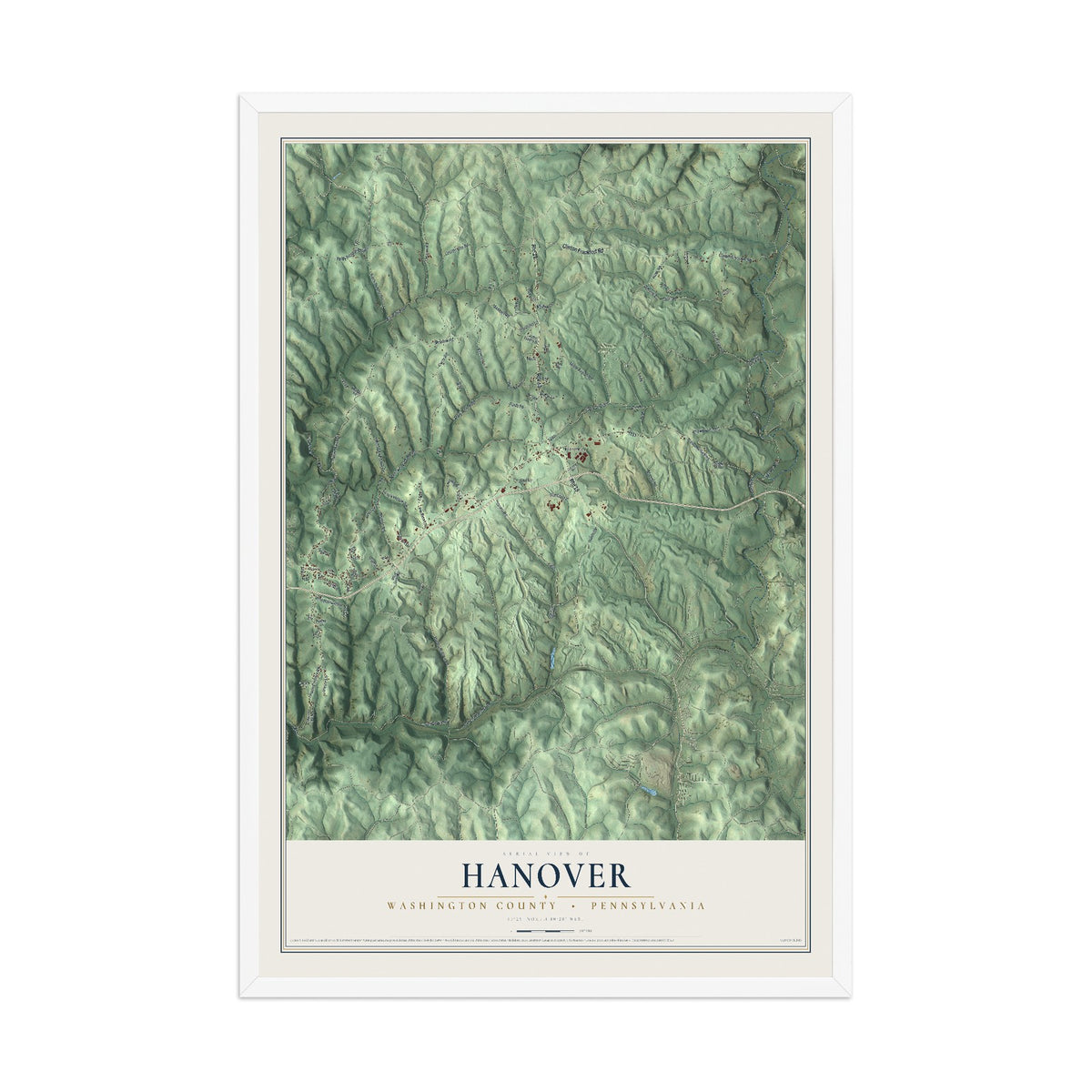 Map of Hanover, Washington County, Pennsylvania, 12 x 18 inch print in a white wood frame