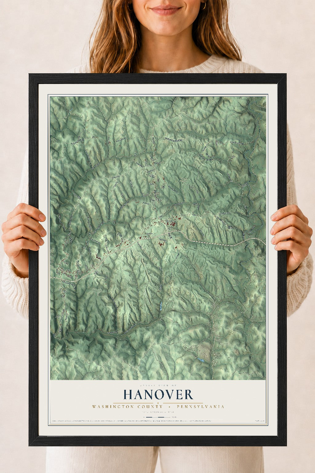 Map of Hanover, Washington County, Pennsylvania, 18 x 24 inch print in a black wood frame