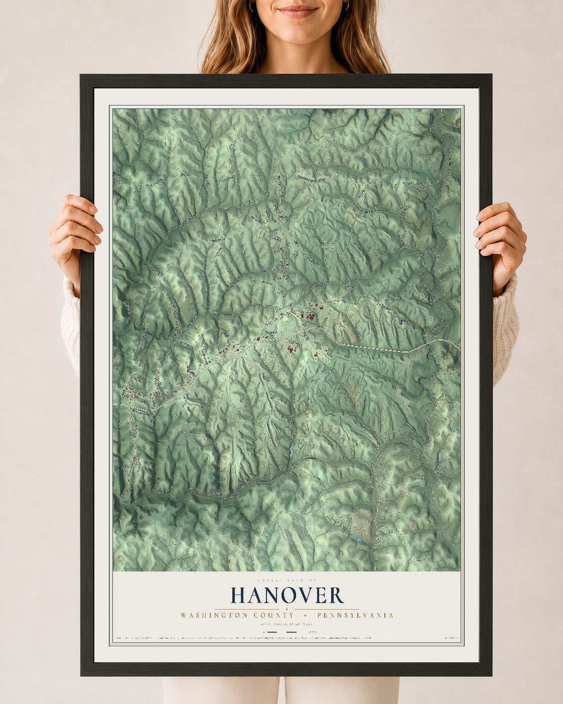 Map of Hanover, Washington County, Pennsylvania, 24 x 36 inch print in a black wood frame