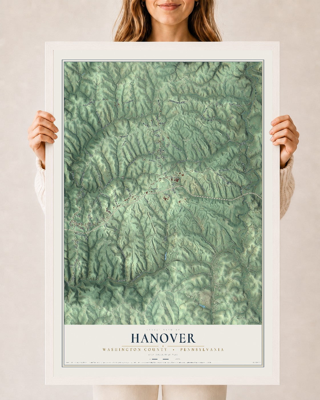 Map of Hanover, Washington County, Pennsylvania, 24 x 36 inch print in a white wood frame