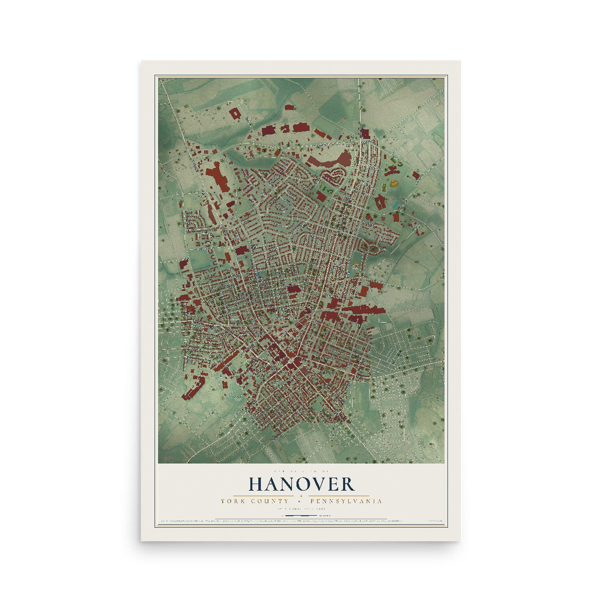 Map of Hanover, York County, Pennsylvania, 12 x 18 inch unframed archival matte print