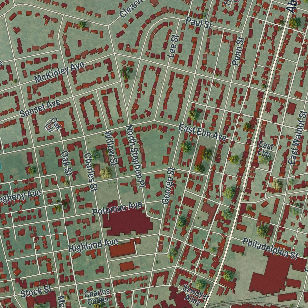 Second close-up of the map of Hanover, York County, Pennsylvania print showing more streets and buildings