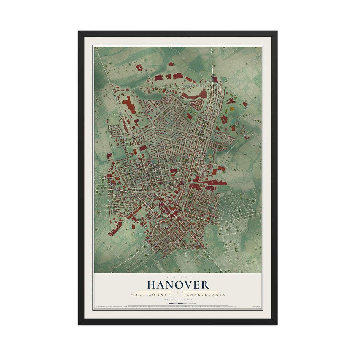 Map of Hanover, York County, Pennsylvania, 12 x 18 inch print in a black wood frame