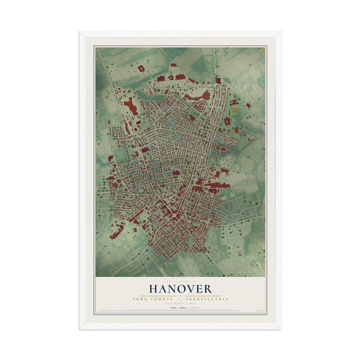 Map of Hanover, York County, Pennsylvania, 12 x 18 inch print in a white wood frame