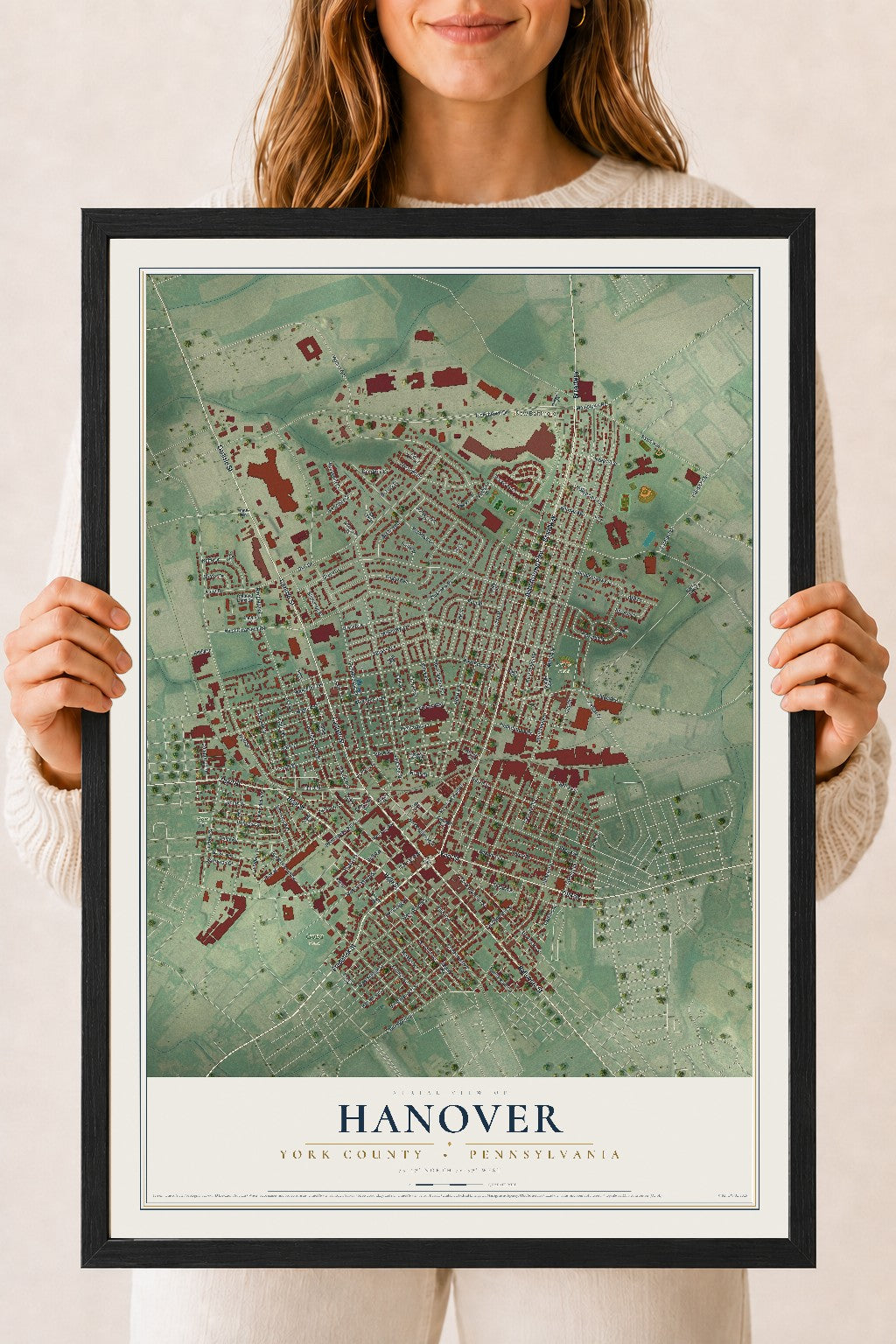 Map of Hanover, York County, Pennsylvania, 18 x 24 inch print in a black wood frame