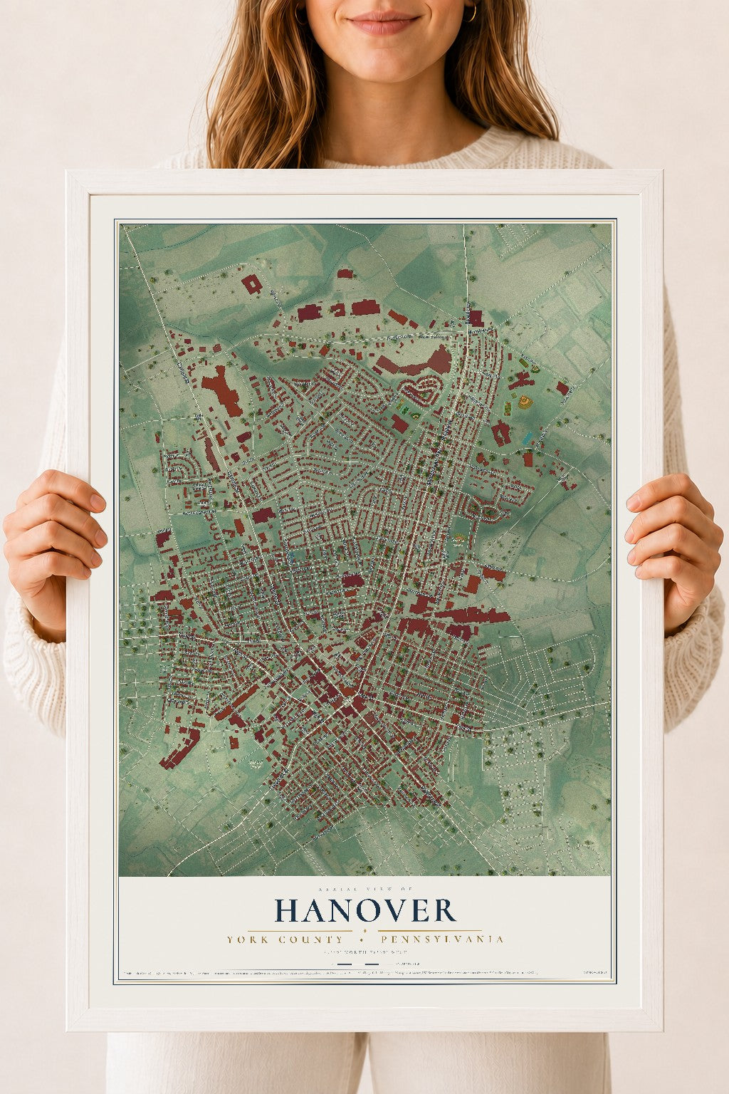 Map of Hanover, York County, Pennsylvania, 18 x 24 inch print in a white wood frame