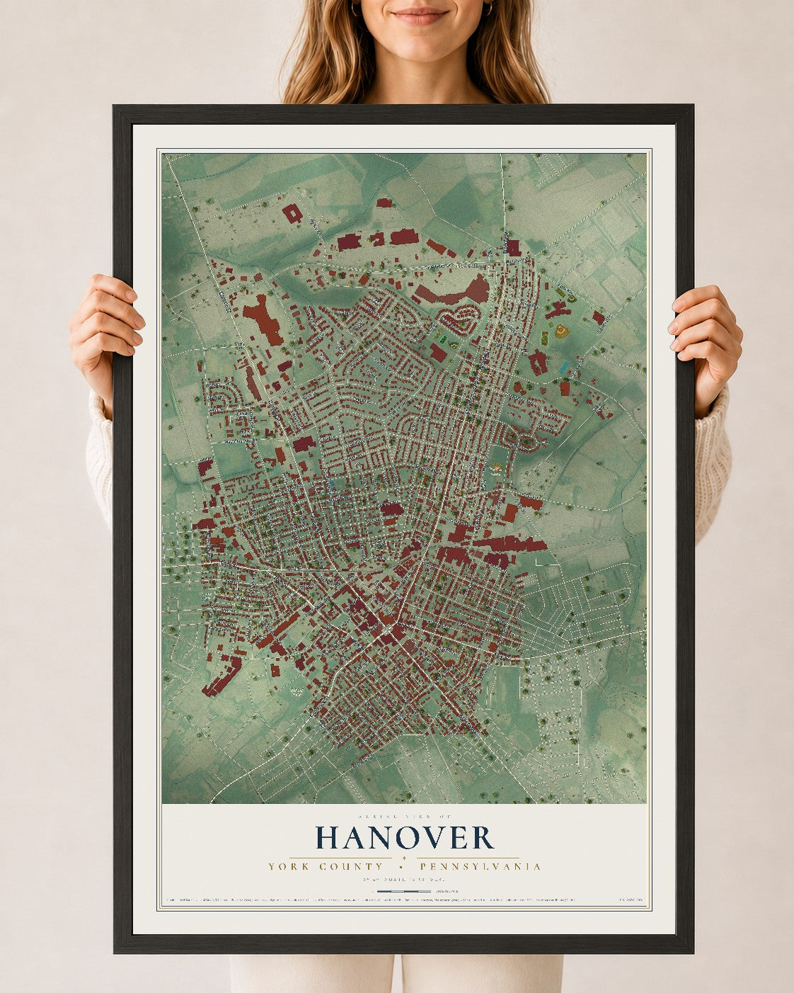 Map of Hanover, York County, Pennsylvania, 24 x 36 inch print in a black wood frame