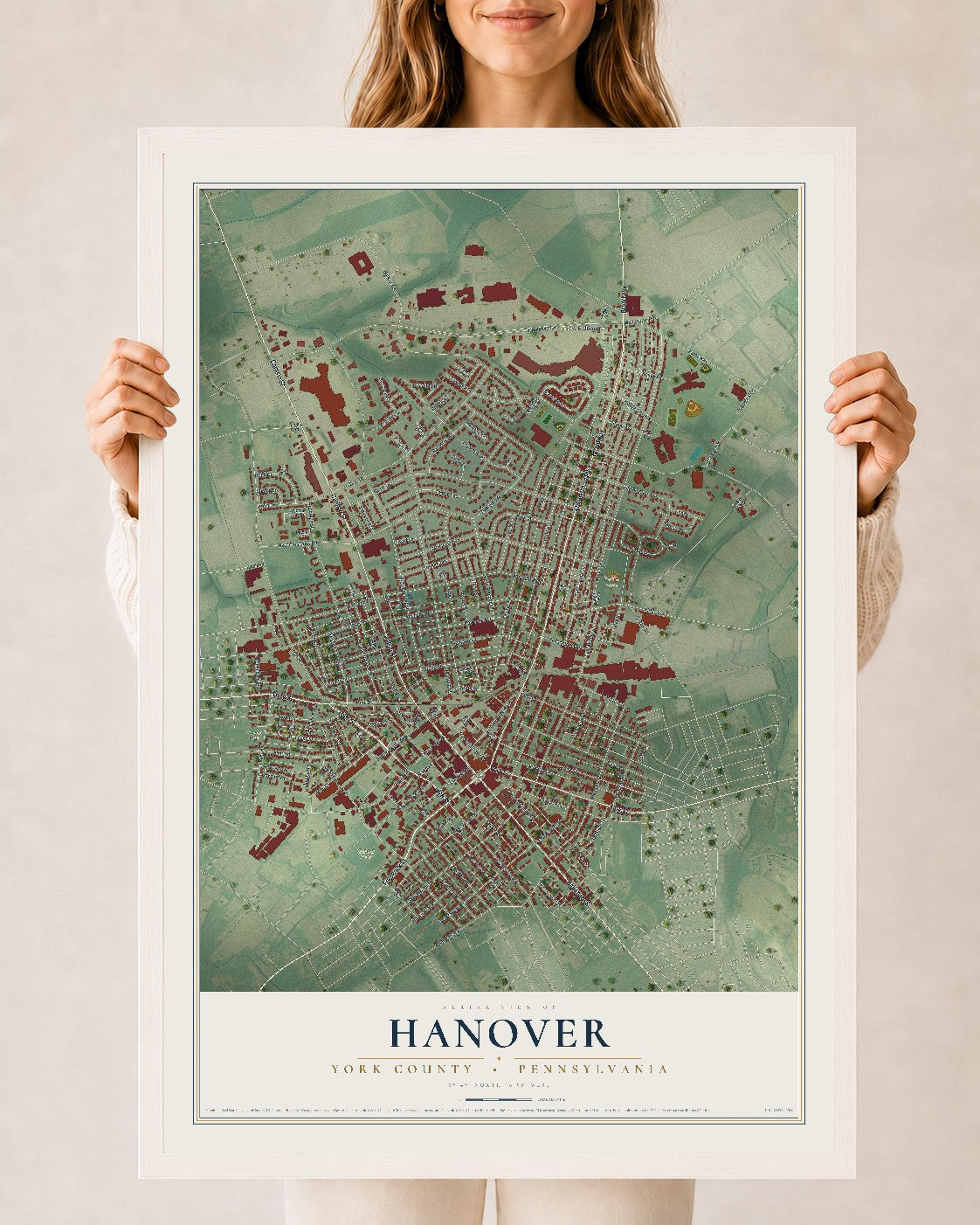 Map of Hanover, York County, Pennsylvania, 24 x 36 inch print in a white wood frame