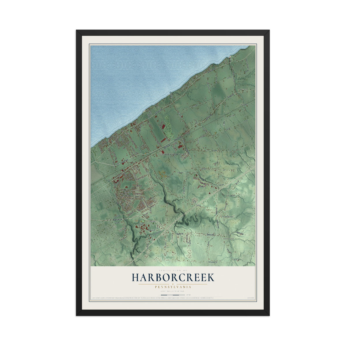 Map of Harborcreek, Pennsylvania, 12 x 18 inch print in a black wood frame