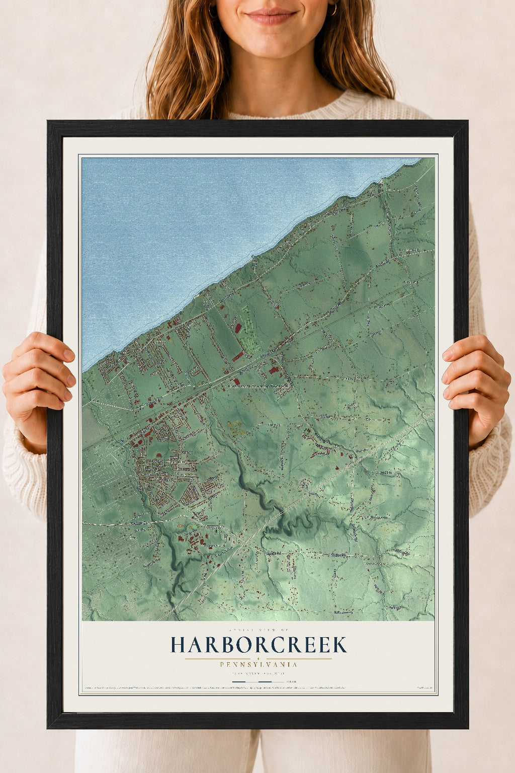 Map of Harborcreek, Pennsylvania, 18 x 24 inch print in a black wood frame