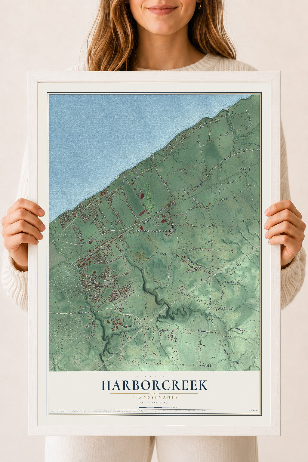 Map of Harborcreek, Pennsylvania, 18 x 24 inch print in a white wood frame