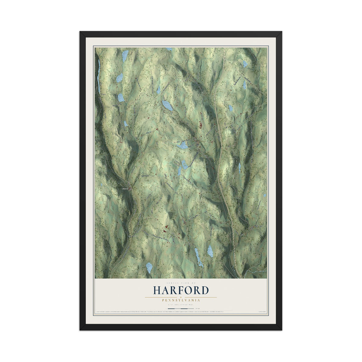 Map of Harford, Pennsylvania, 12 x 18 inch print in a black wood frame