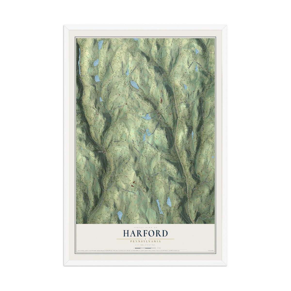 Map of Harford, Pennsylvania, 12 x 18 inch print in a white wood frame
