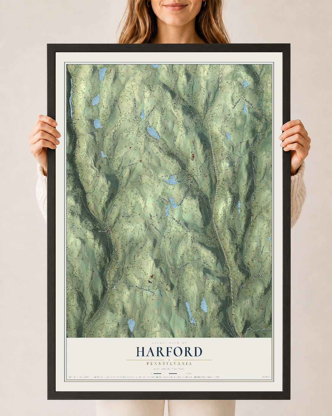Map of Harford, Pennsylvania, 24 x 36 inch print in a black wood frame