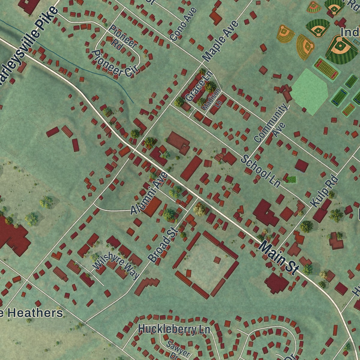 Close-up of the map of Harleysville, Pennsylvania print showing street and building detail