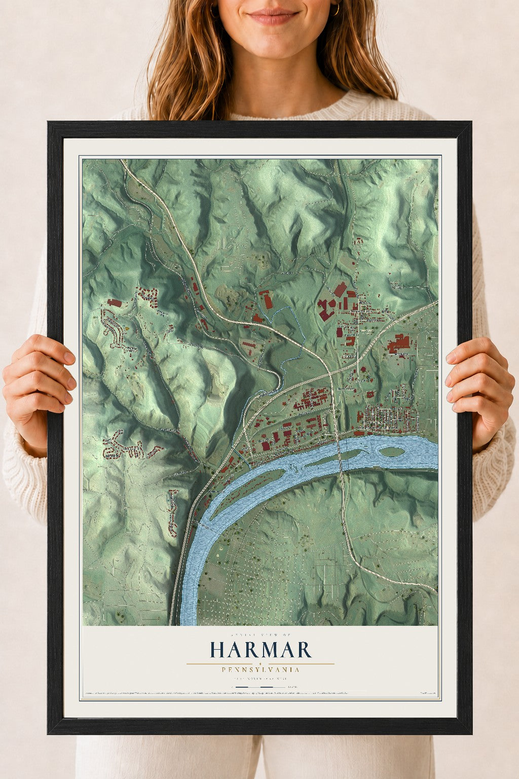Map of Harmar, Pennsylvania, 18 x 24 inch print in a black wood frame