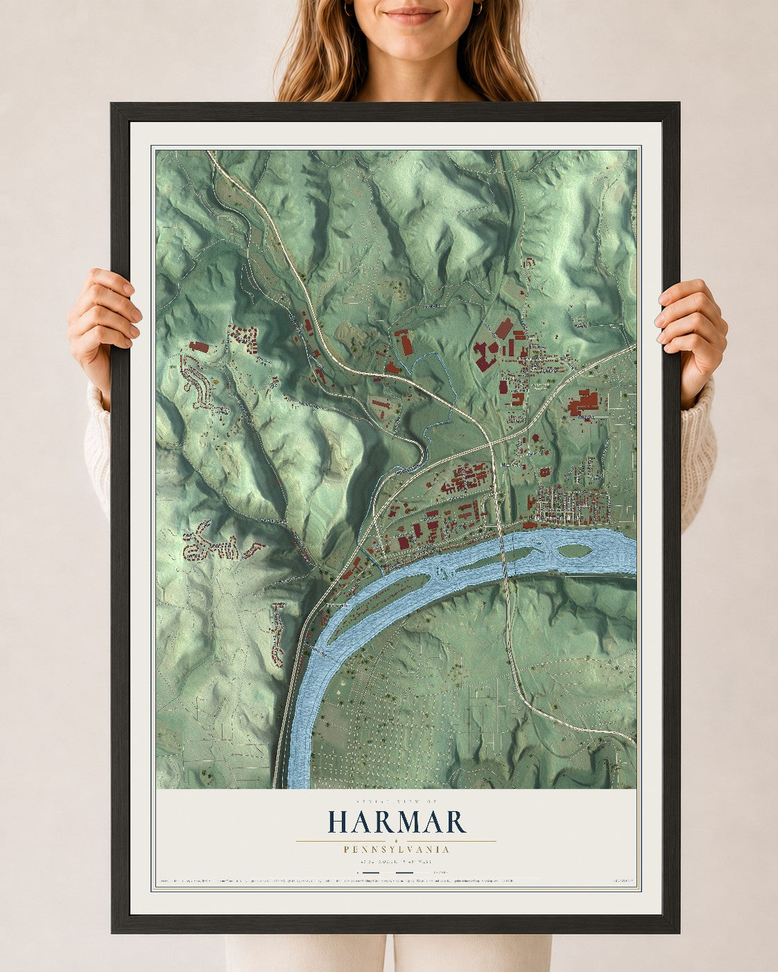 Map of Harmar, Pennsylvania, 24 x 36 inch print in a black wood frame