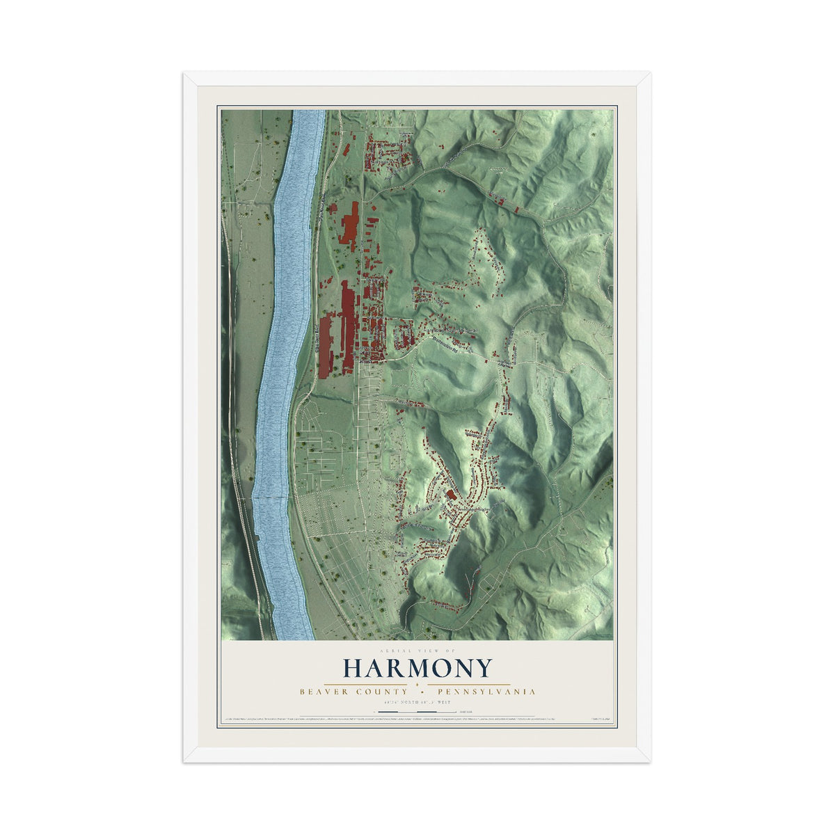 Map of Harmony, Beaver County, Pennsylvania, 12 x 18 inch print in a white wood frame