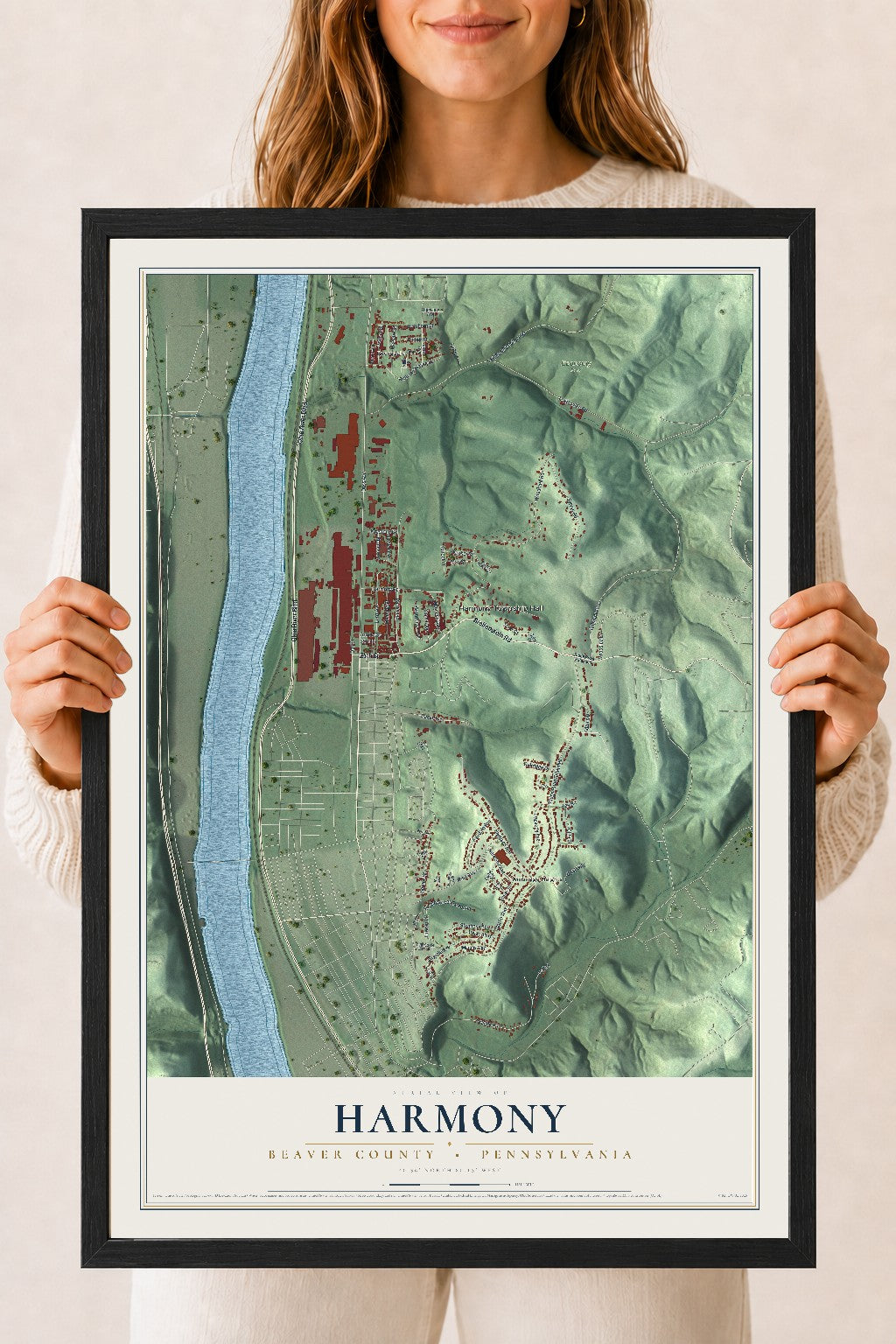 Map of Harmony, Beaver County, Pennsylvania, 18 x 24 inch print in a black wood frame