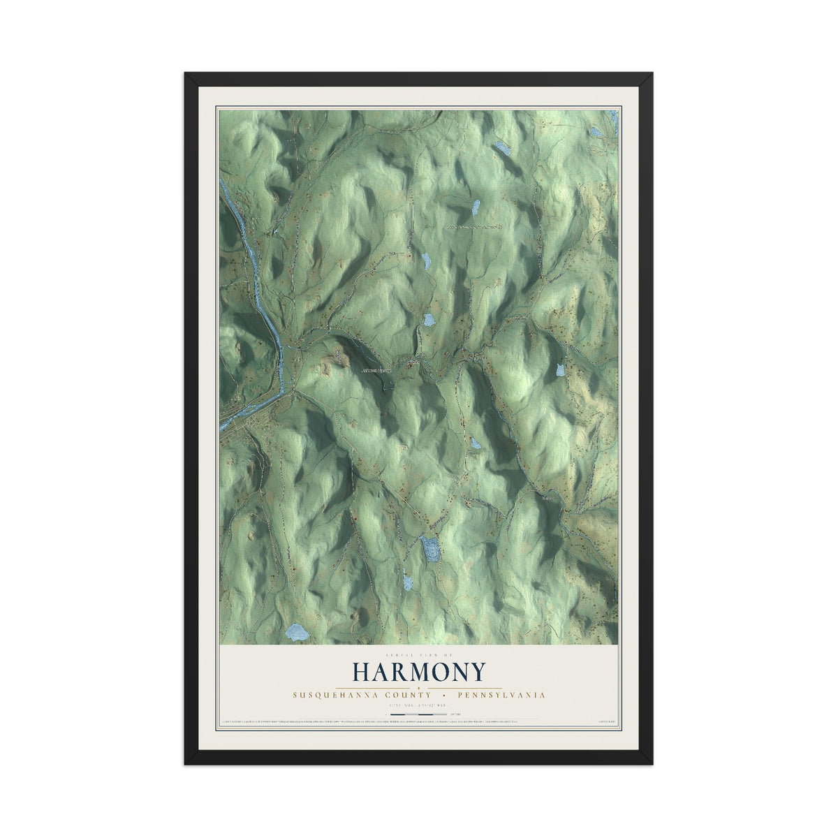 Map of Harmony, Susquehanna County, Pennsylvania, 12 x 18 inch print in a black wood frame