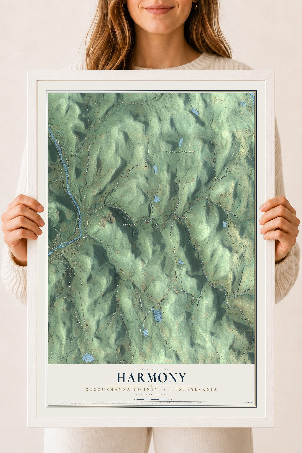 Map of Harmony, Susquehanna County, Pennsylvania, 18 x 24 inch print in a white wood frame