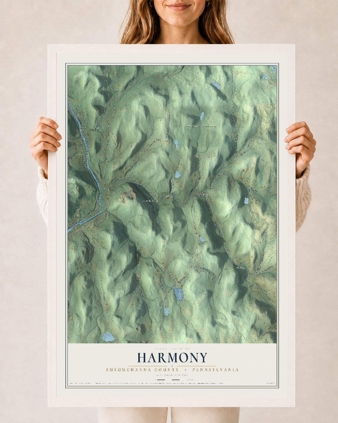 Map of Harmony, Susquehanna County, Pennsylvania, 24 x 36 inch print in a white wood frame
