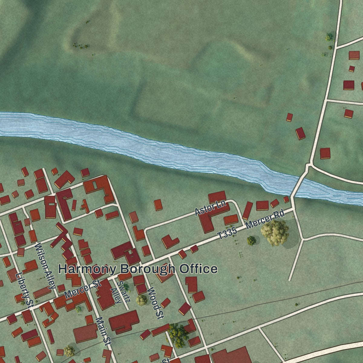 Second close-up of the map of Harmony, Butler County, Pennsylvania print showing more streets and buildings