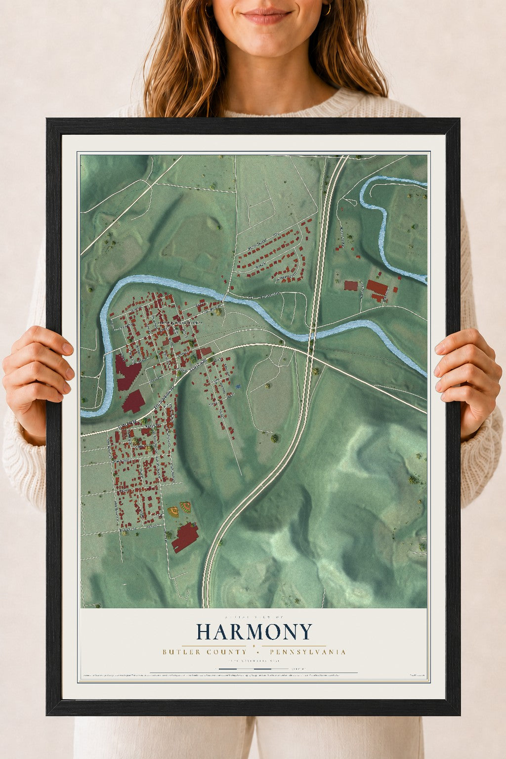 Map of Harmony, Butler County, Pennsylvania, 18 x 24 inch print in a black wood frame
