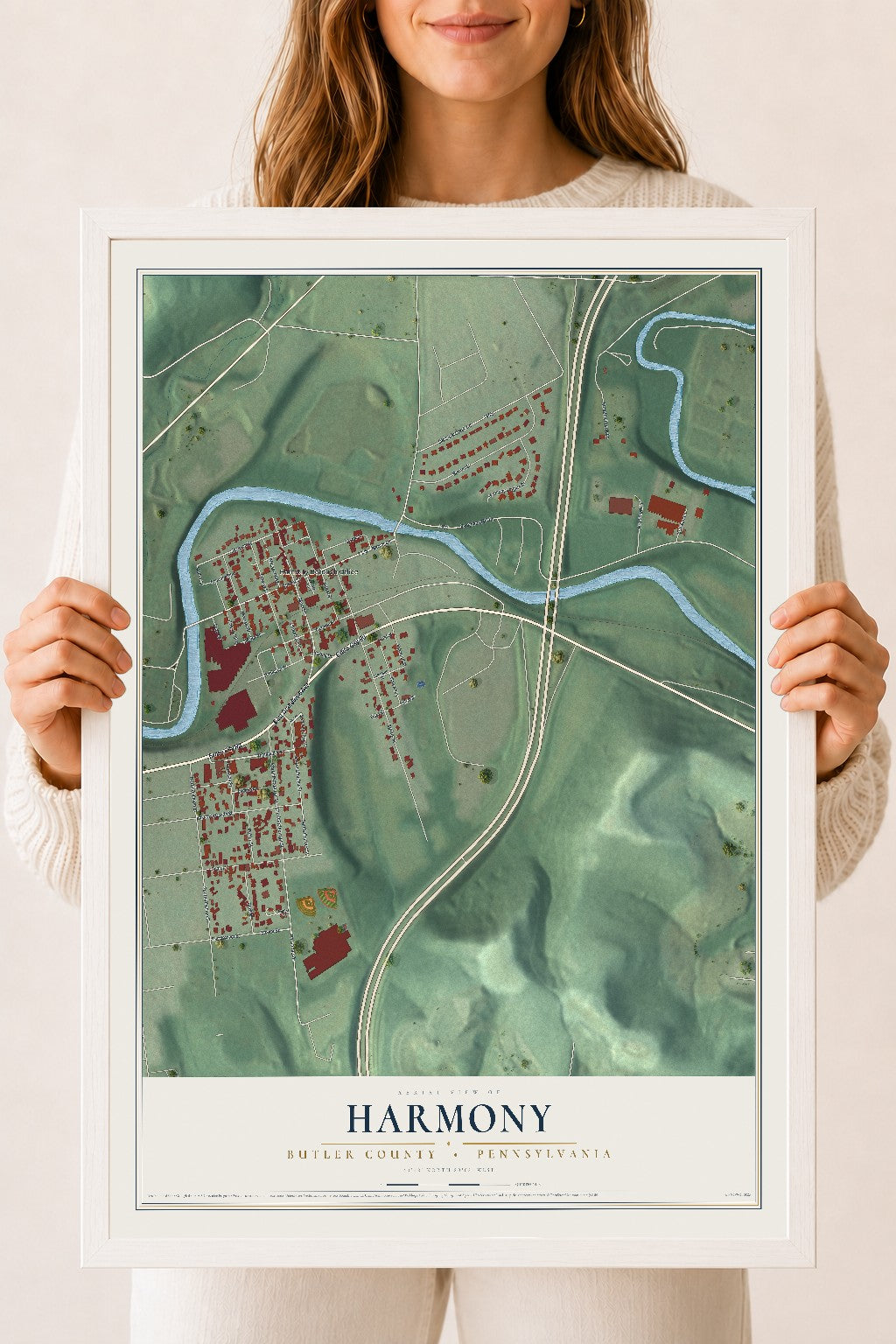 Map of Harmony, Butler County, Pennsylvania, 18 x 24 inch print in a white wood frame