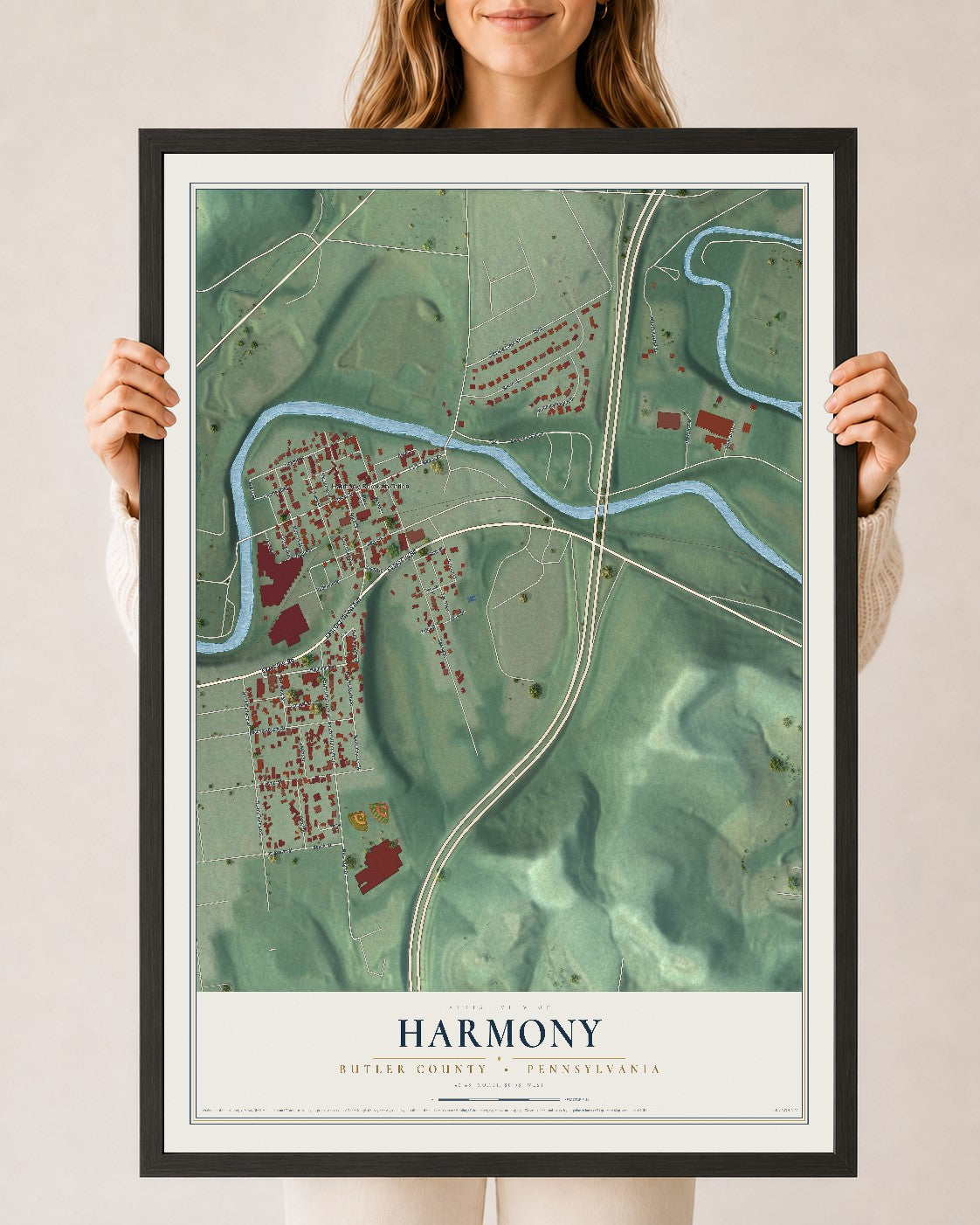 Map of Harmony, Butler County, Pennsylvania, 24 x 36 inch print in a black wood frame