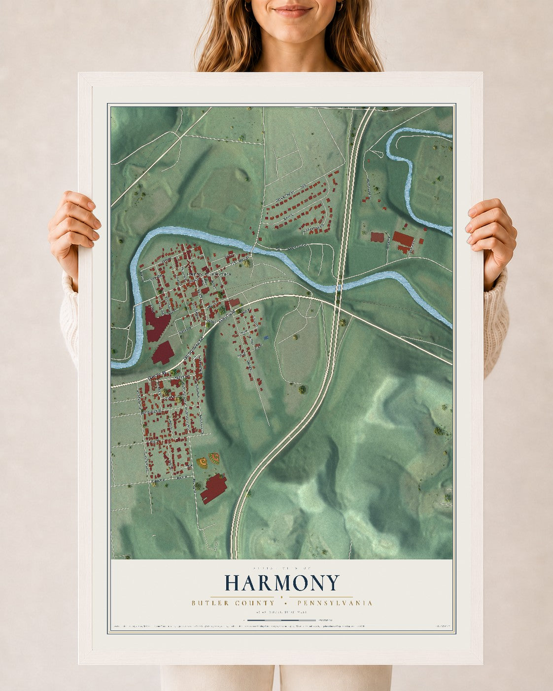 Map of Harmony, Butler County, Pennsylvania, 24 x 36 inch print in a white wood frame