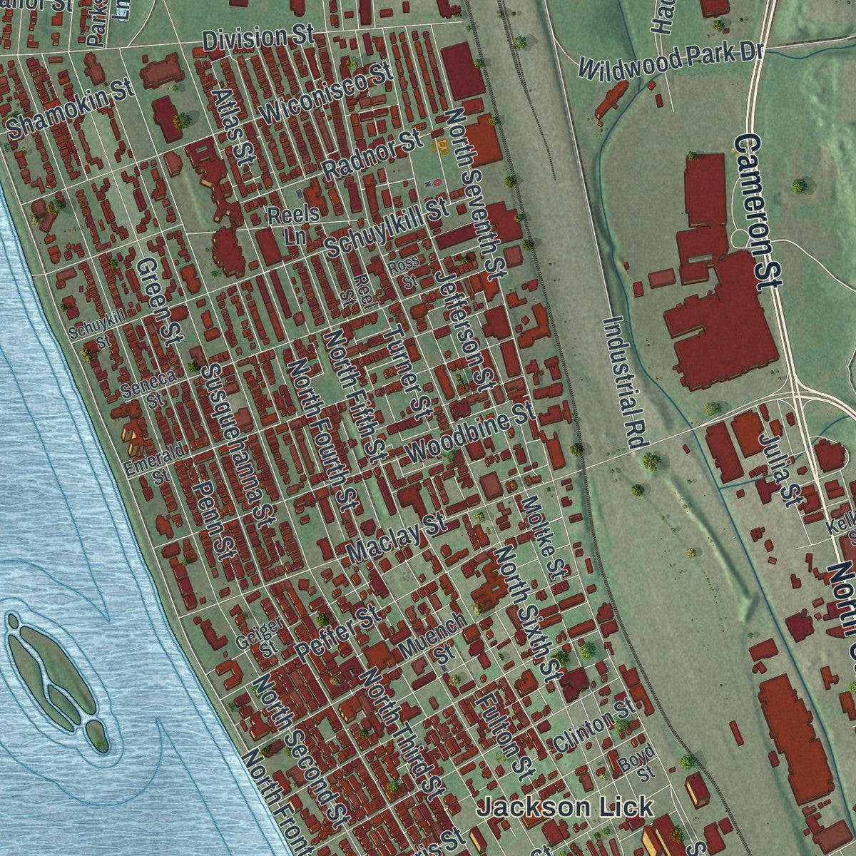 Second close-up of the map of Harrisburg, Pennsylvania print showing more streets and buildings