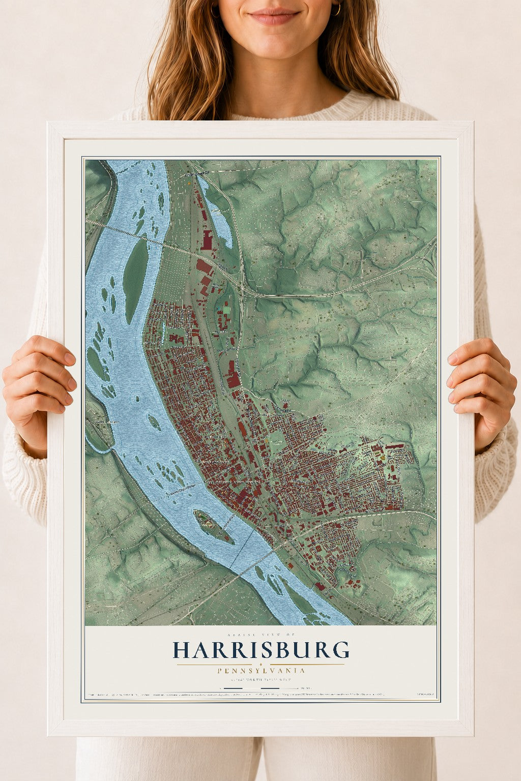 Map of Harrisburg, Pennsylvania, 18 x 24 inch print in a white wood frame