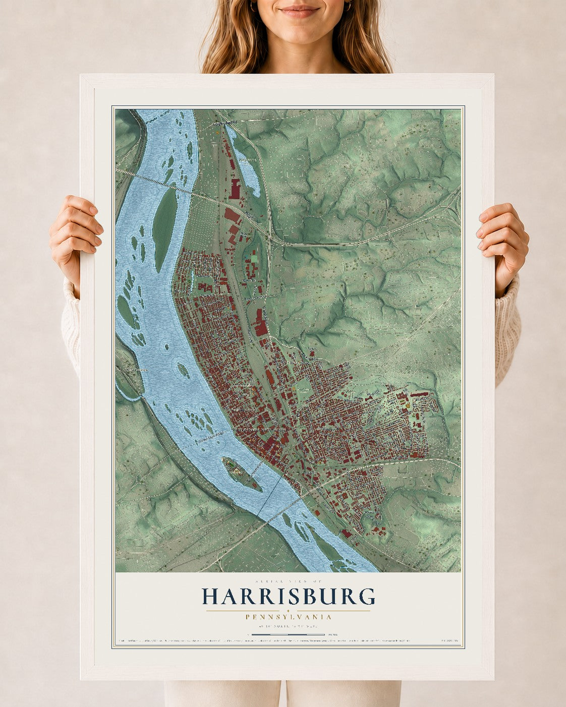 Map of Harrisburg, Pennsylvania, 24 x 36 inch print in a white wood frame