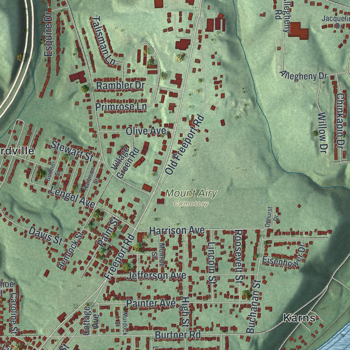 Second close-up of the map of Harrison, Allegheny County, Pennsylvania print showing more streets and buildings