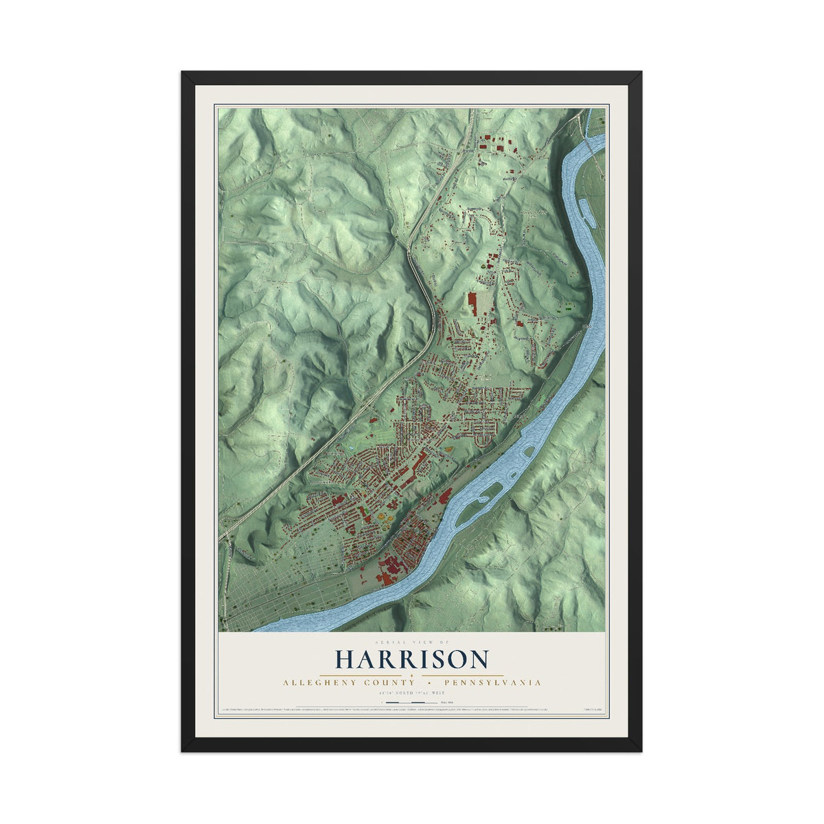 Map of Harrison, Allegheny County, Pennsylvania, 12 x 18 inch print in a black wood frame