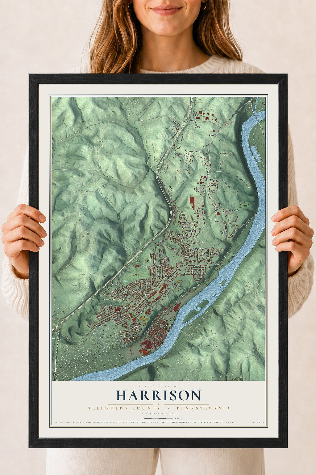 Map of Harrison, Allegheny County, Pennsylvania, 18 x 24 inch print in a black wood frame