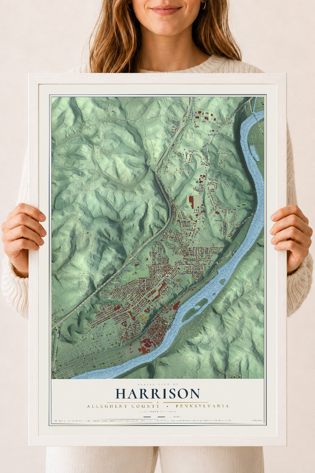 Map of Harrison, Allegheny County, Pennsylvania, 18 x 24 inch print in a white wood frame