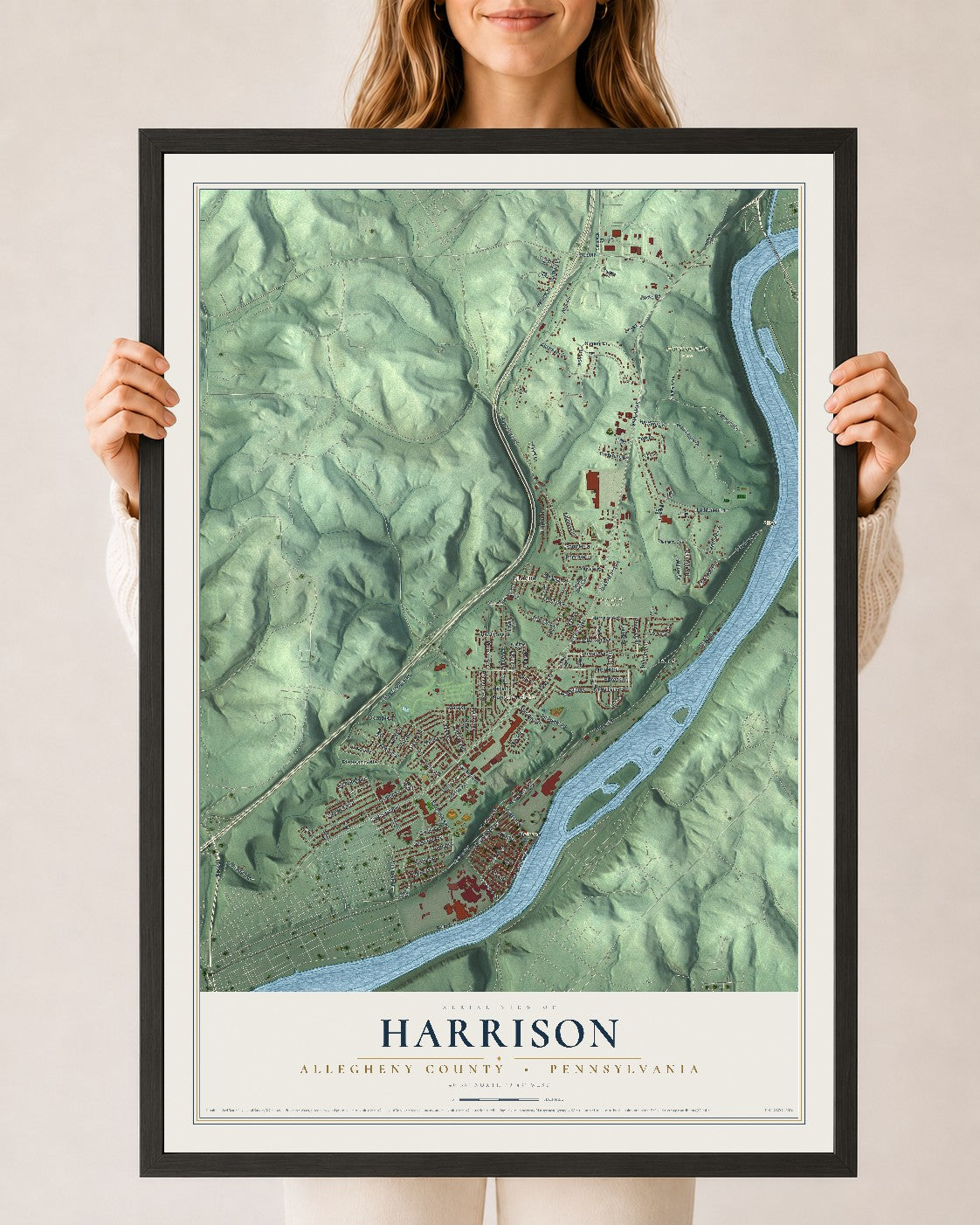 Map of Harrison, Allegheny County, Pennsylvania, 24 x 36 inch print in a black wood frame