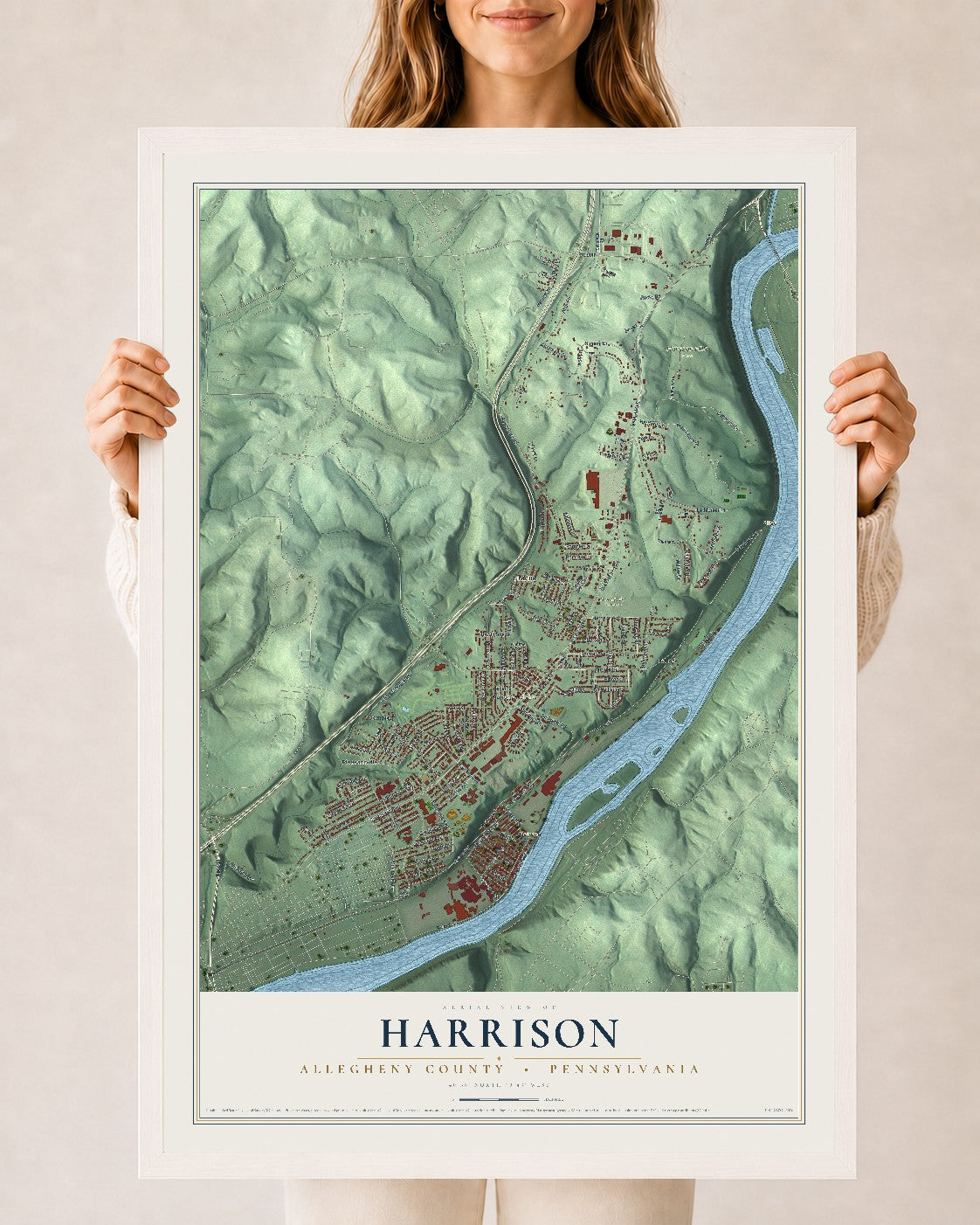 Map of Harrison, Allegheny County, Pennsylvania, 24 x 36 inch print in a white wood frame