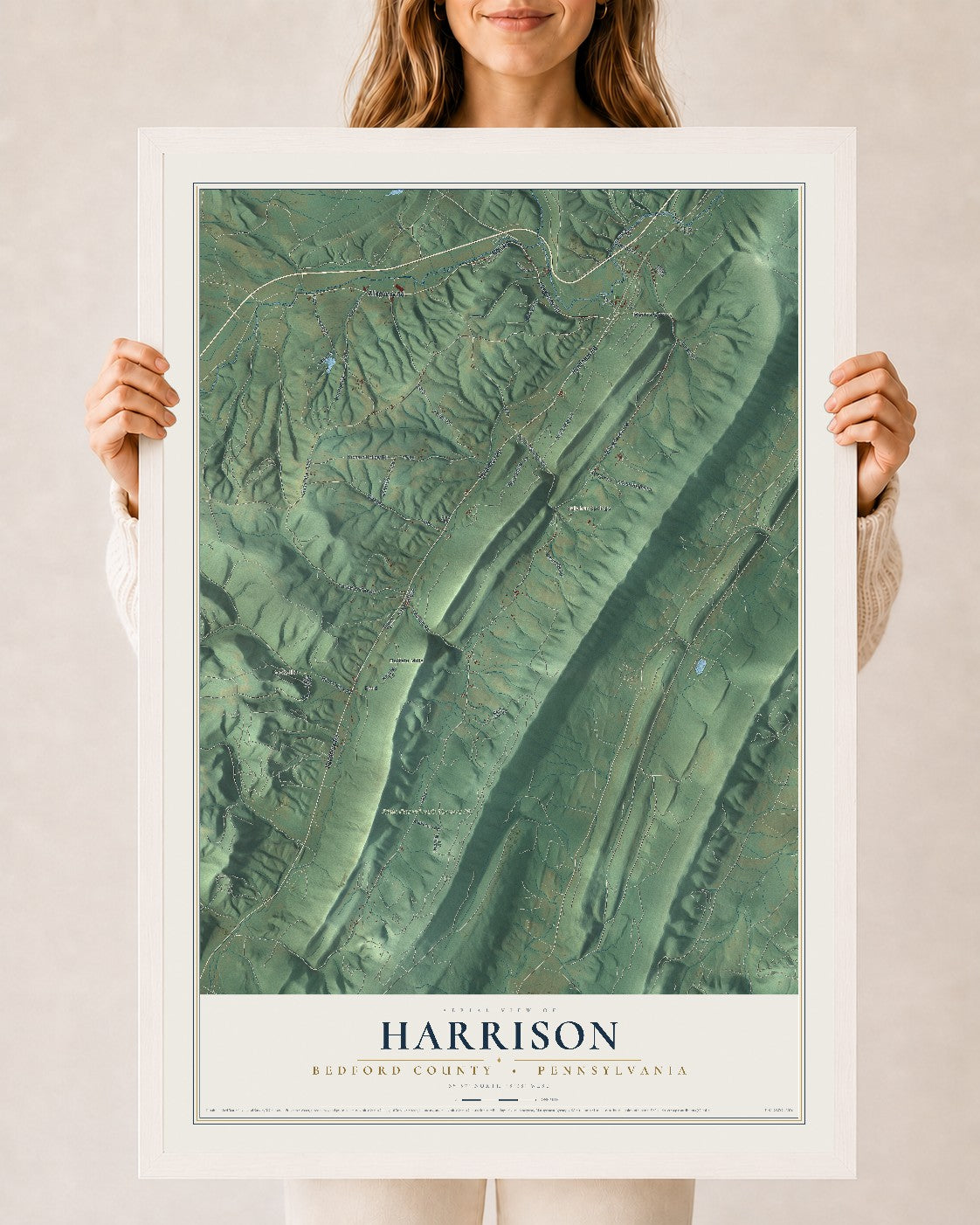 Map of Harrison, Bedford County, Pennsylvania, 24 x 36 inch print in a white wood frame